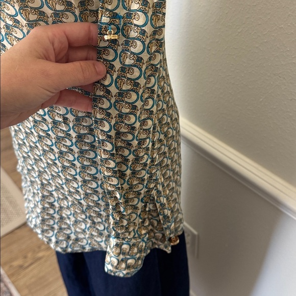 Tory Burch Blue and Gold Block Print Elephant Tunic - Picture 4 of 8